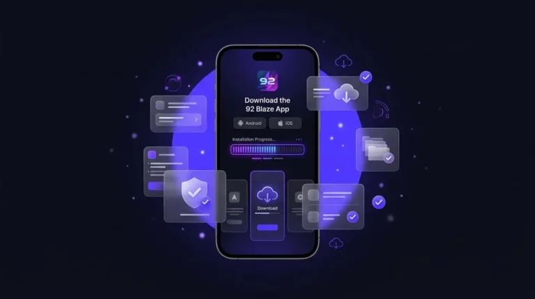 Download 92 Blaze Game app guide with smartphone installation interface, Android and iOS setup visuals, and secure app download technology.